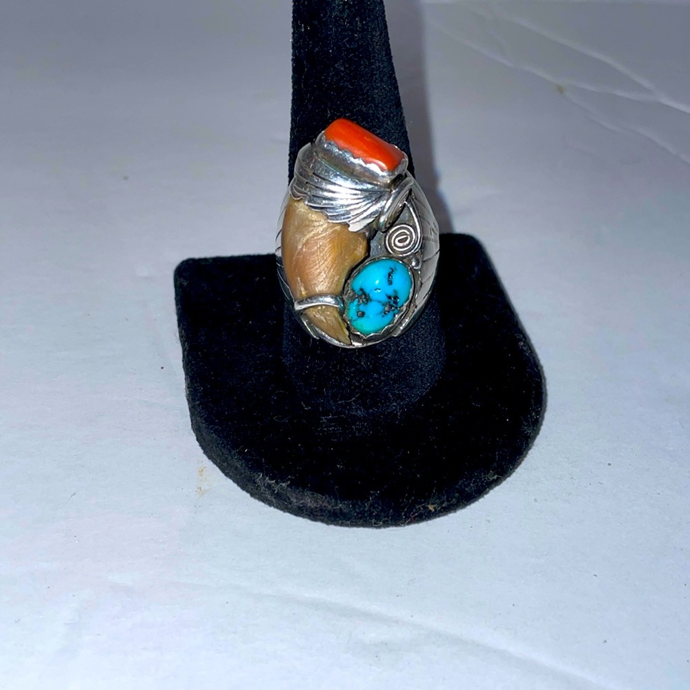 Vtg Navajo Silver Turquoise And Coral Ring with Bear Claw Men’s Size  11
